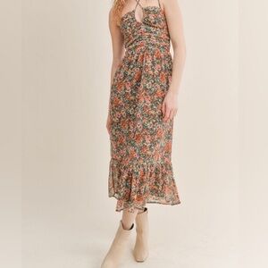 Sadie & Sage Floral Green Red Smocked Halter Midi Dress